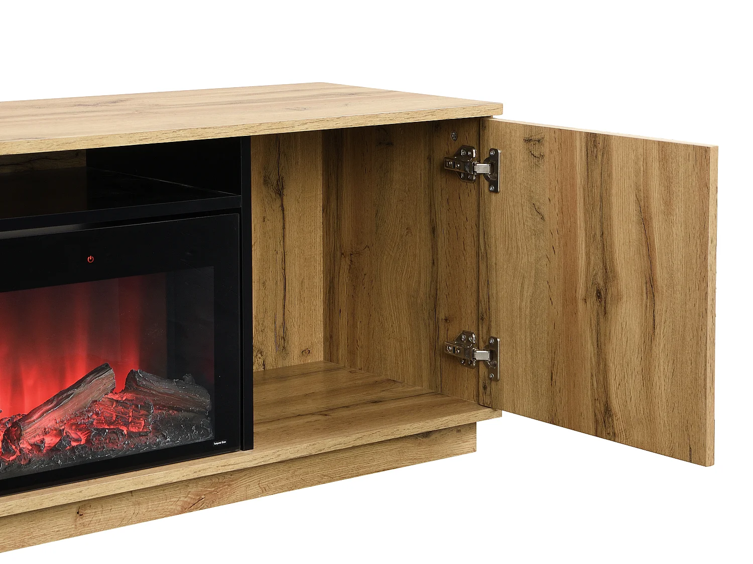 Tv-meubel met 2 deuren van mdf met schoorsteeneffect met ledverlichting - Naturel en zwart - YEVINA