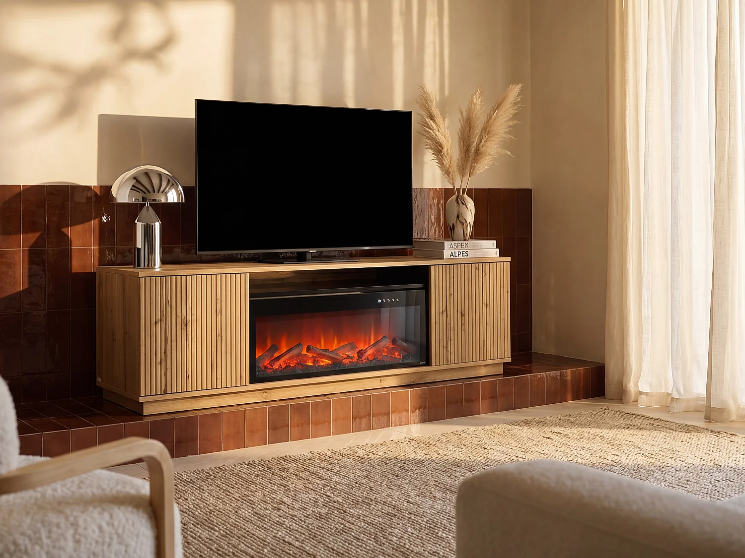 Tv-meubel met 2 deuren van mdf met schoorsteeneffect met ledverlichting - Naturel en zwart - YEVINA