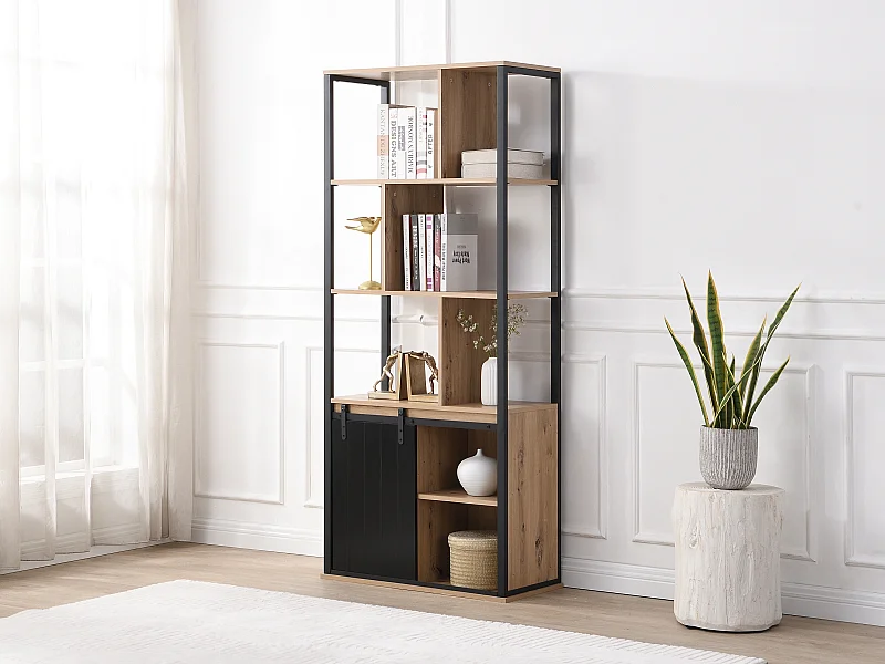 Bibliothèque avec rangements et 1 porte coulissante en MDF et acier - Naturel et Noir - YALENA