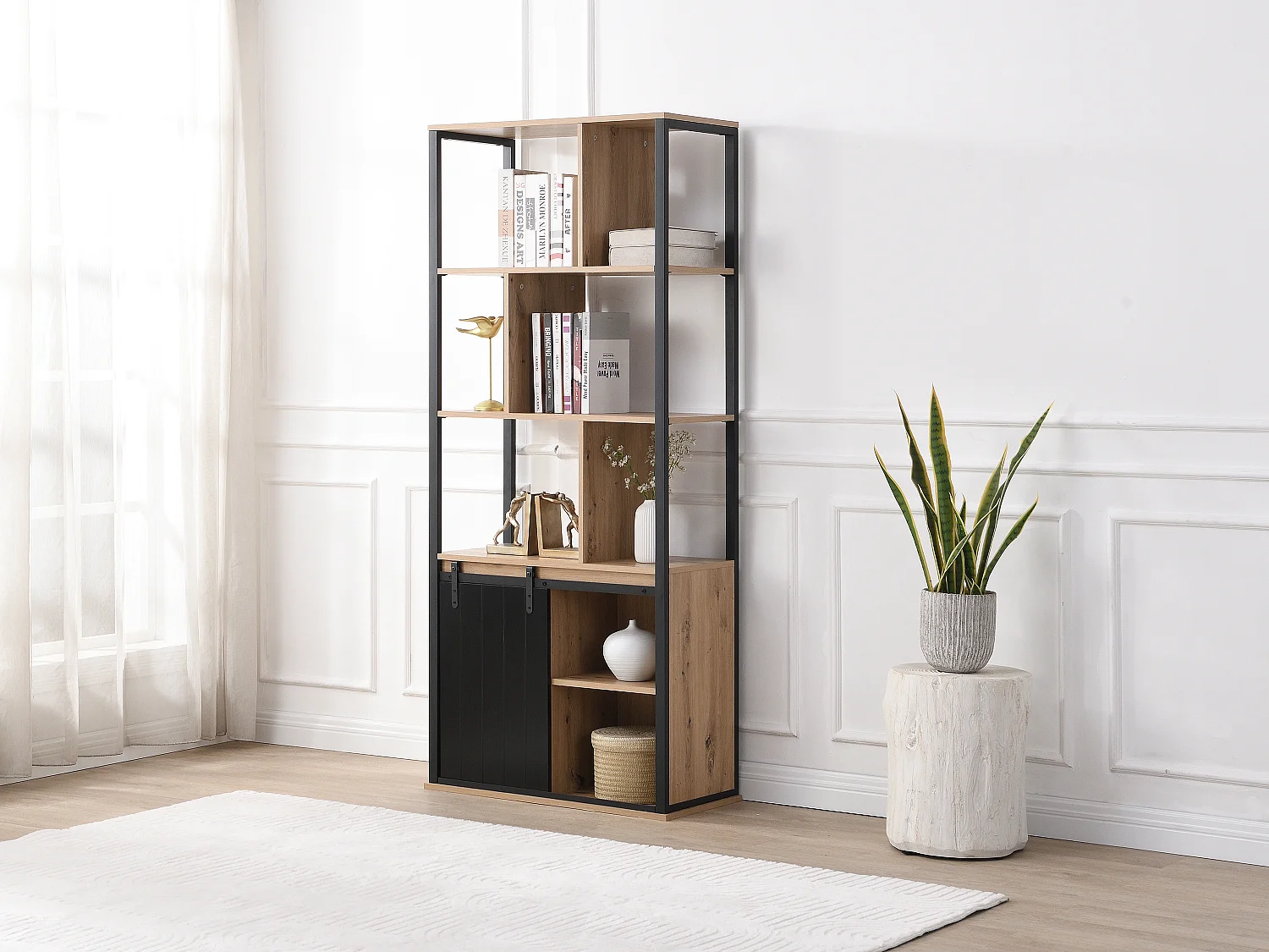 Bibliothèque avec rangements et 1 porte coulissante en MDF et acier - Naturel et Noir - YALENA