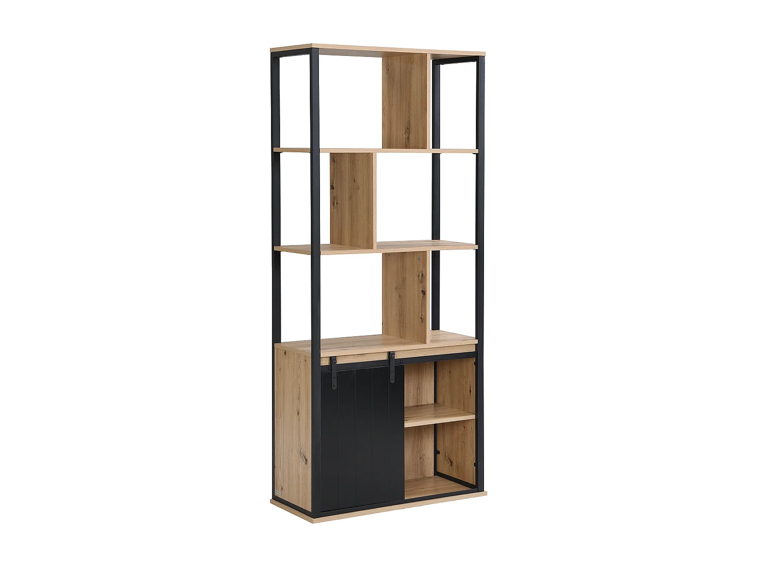 Bibliothèque avec rangements et 1 porte coulissante en MDF et acier - Naturel et Noir - YALENA