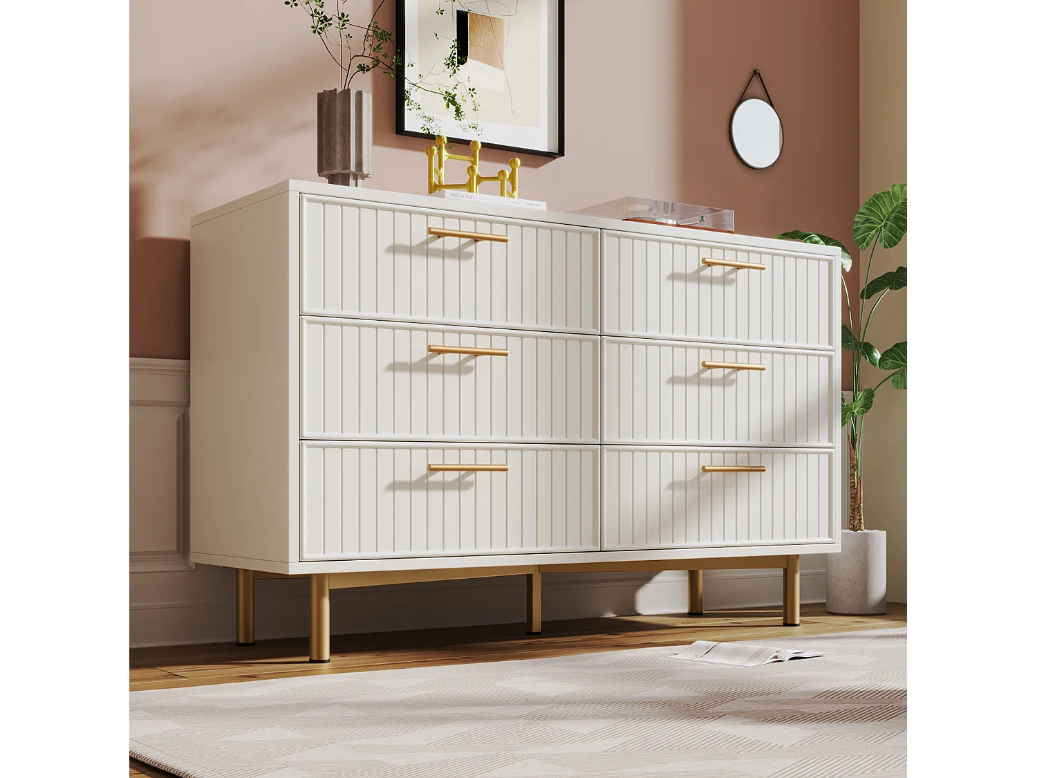 Commode avec 6 tiroirs, buffet blanc plateau haut pour la chambre et tous les espaces de vie, blanc - h75 / B120 / T40 cm
