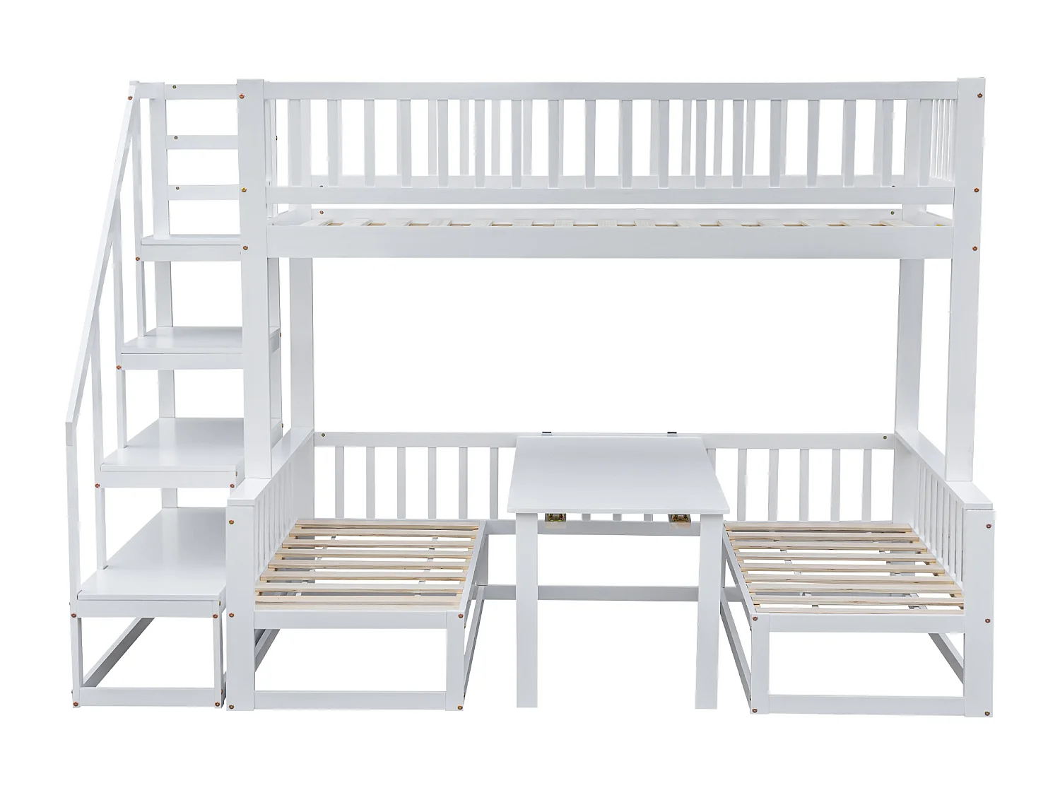 Lit superposé peu encombrant avec escalier, table réglable, canapé en bois, blanc (90*200 cm et 120*200 cm)