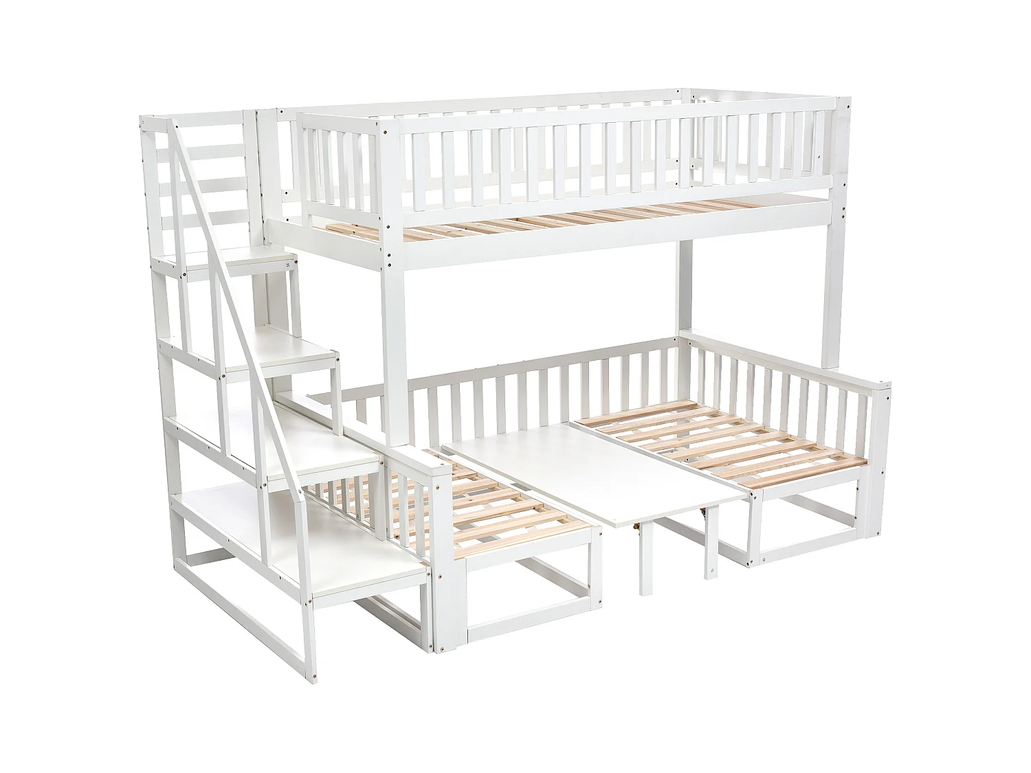Lit superposé peu encombrant avec escalier, table réglable, canapé en bois, blanc (90*200 cm et 120*200 cm)