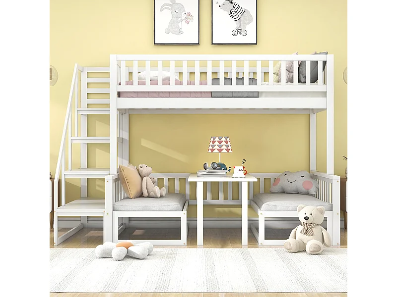 Lit superposé peu encombrant avec escalier, table réglable, canapé en bois, blanc (90*200 cm et 120*200 cm)