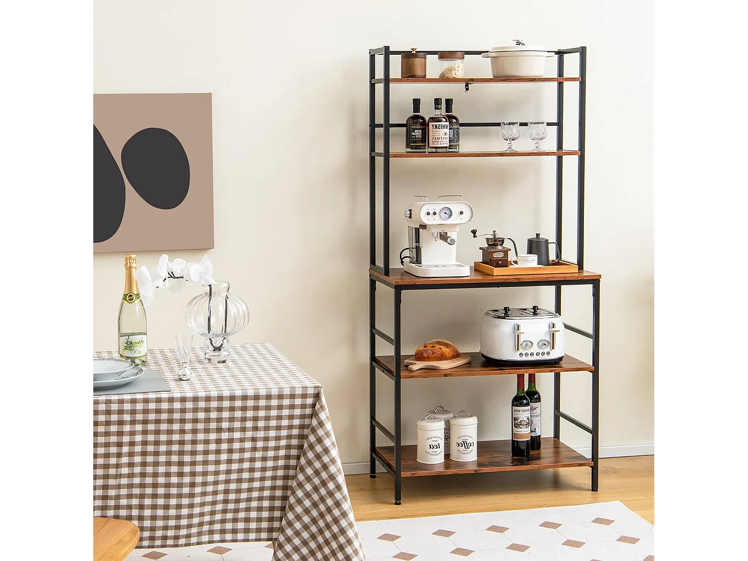 5-Etagen Küchenregal mit Aufsatz & offenen Regalen Anti-Kipp-Vorrichtung freistehendes Küchen-lagerregal Rustikales Braun