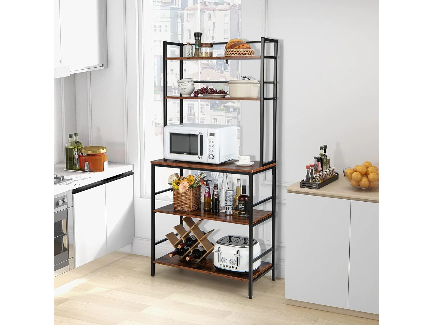 5-Etagen Küchenregal mit Aufsatz & offenen Regalen Anti-Kipp-Vorrichtung freistehendes Küchen-lagerregal Rustikales Braun