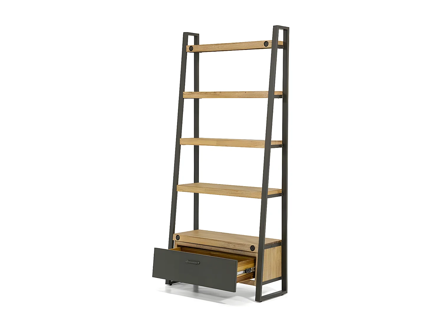 Kiko étagère en bois d'Acacia - 1 Tiroir - 5 Etagères - Porte en métal noir - Style Industriel - H195