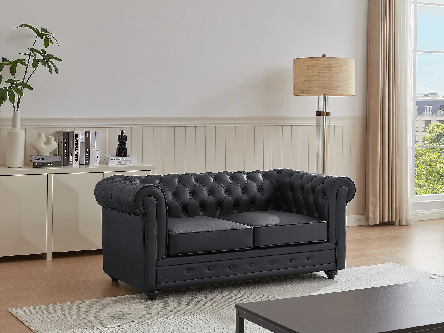 Canapé 2 places en cuir de buffle noir CHESTERFIELD