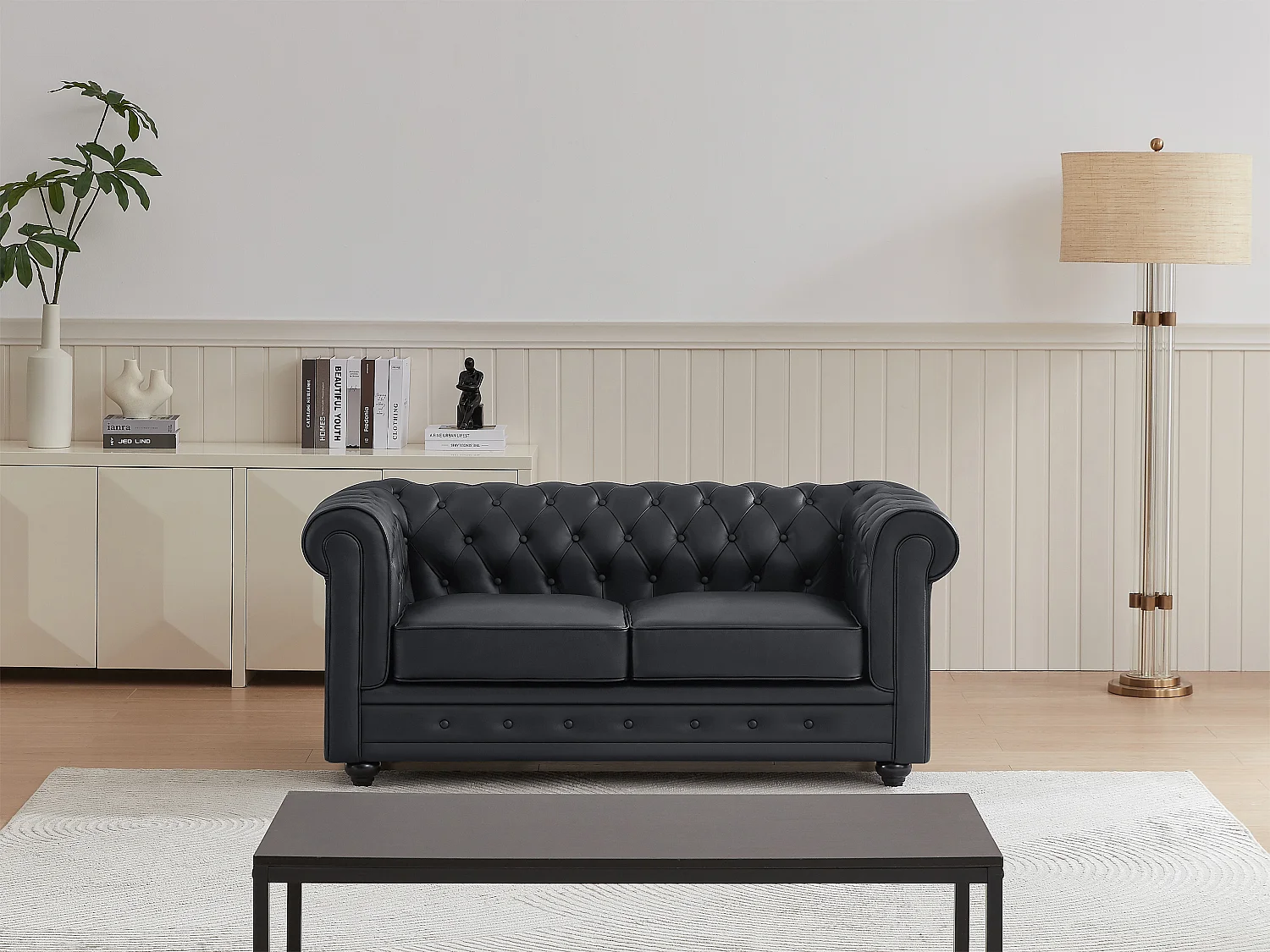 Canapé 2 places en cuir de buffle noir CHESTERFIELD