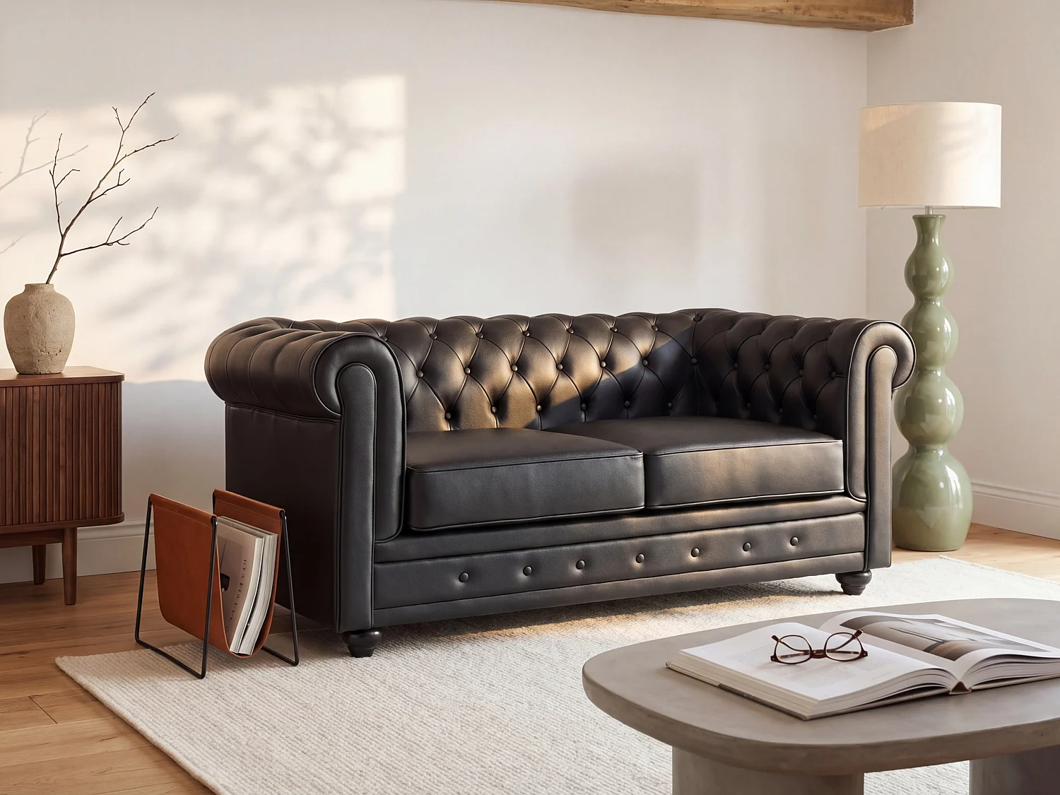 Sofá de 2 lugares em pele de búfalo preto - CHESTERFIELD