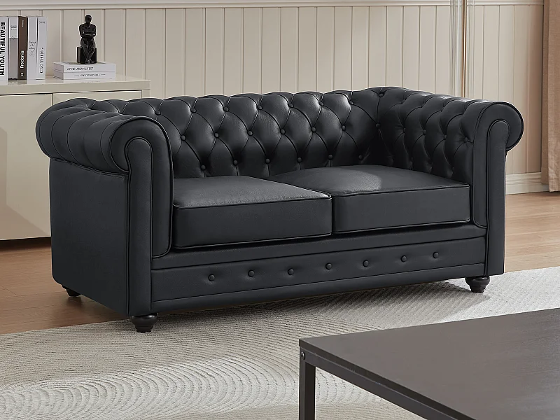 Canapé 2 places en cuir de buffle noir CHESTERFIELD