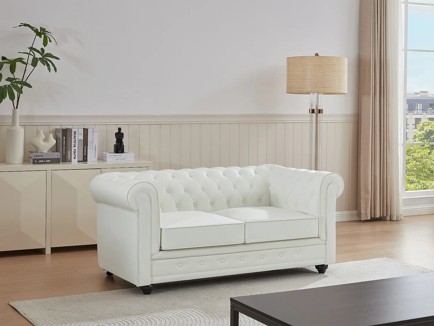 Canapé 2 places en cuir de buffle blanc CHESTERFIELD