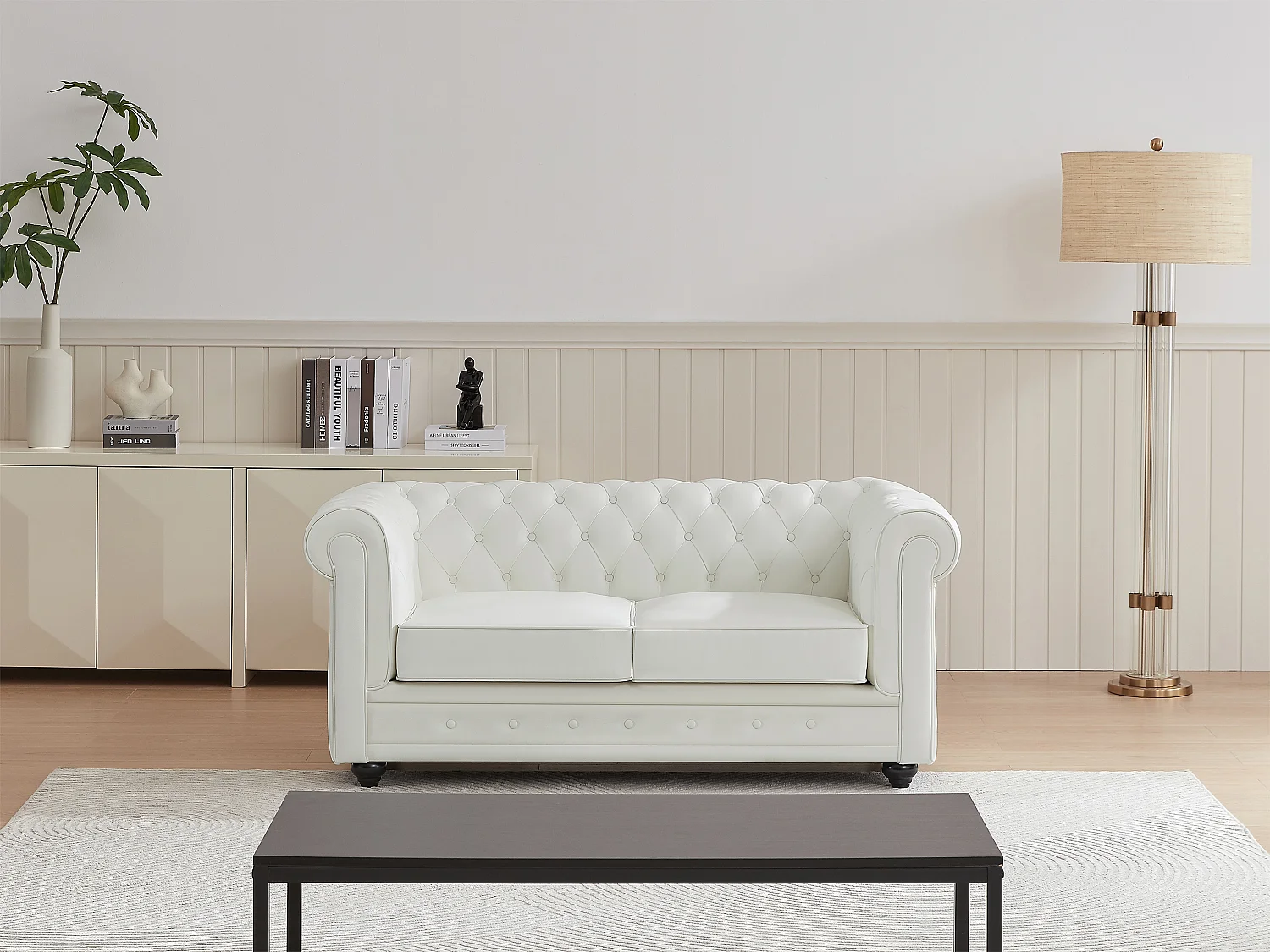 Canapé 2 places en cuir de buffle blanc CHESTERFIELD