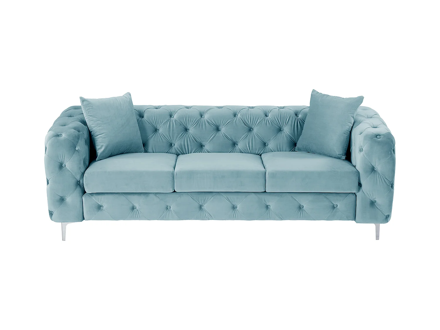 Driezits-Chesterfield-bank van pastelblauw velours EDWINA
