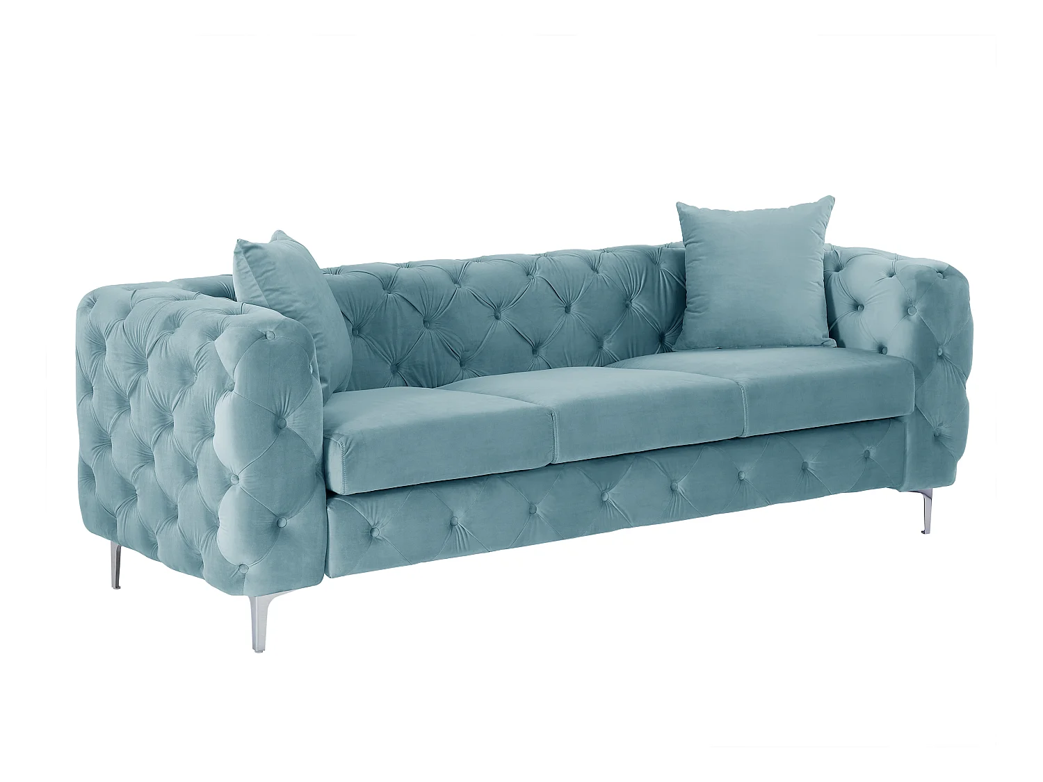 Driezits-Chesterfield-bank van pastelblauw velours EDWINA