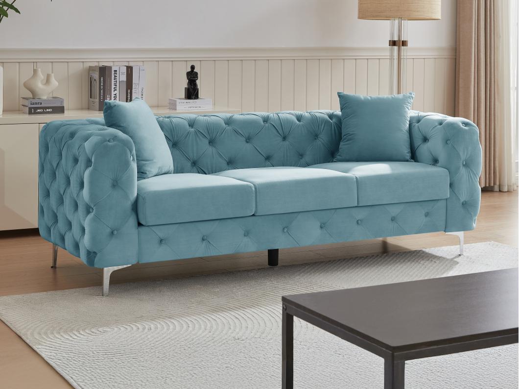 Divano 3 posti Chesterfield in velluto azzurro pastello - EDWINA