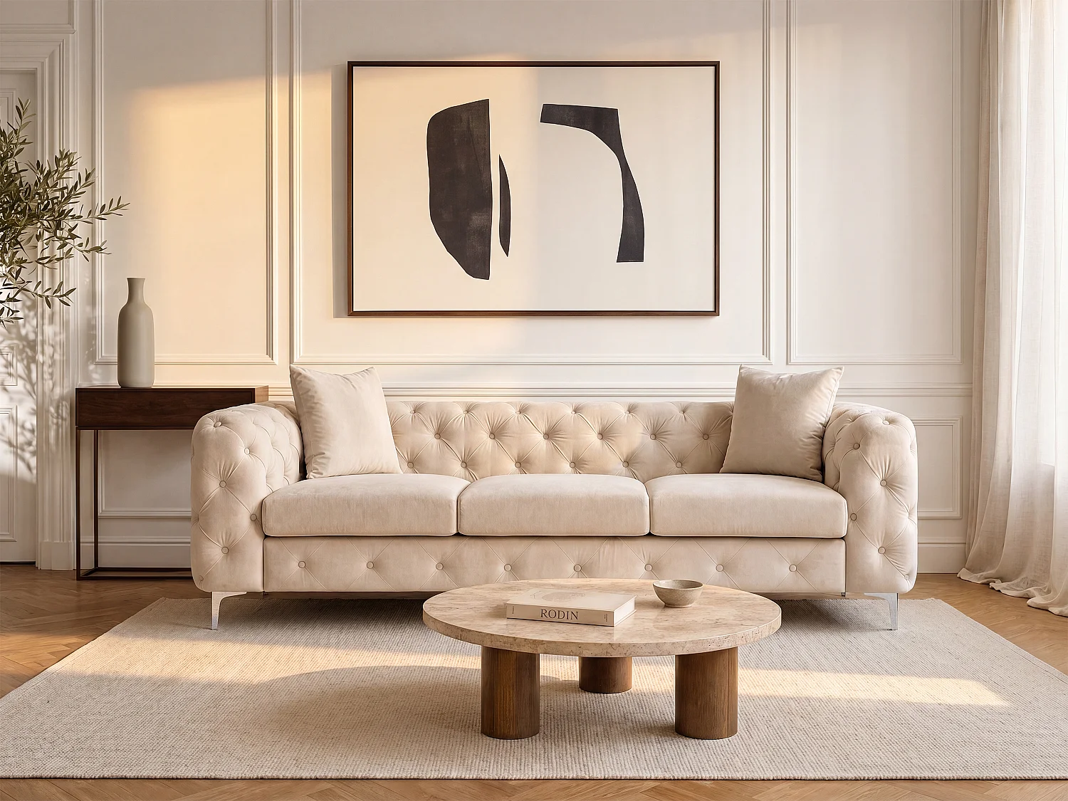3-seater chesterfield sofa in beige velvet EDWINA