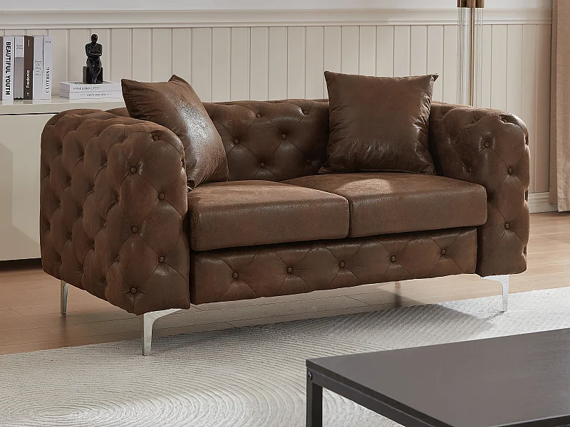 Divano 2 posti Chesterfield in microfibra aspetto pelle invecchiata marrone - EDWINA