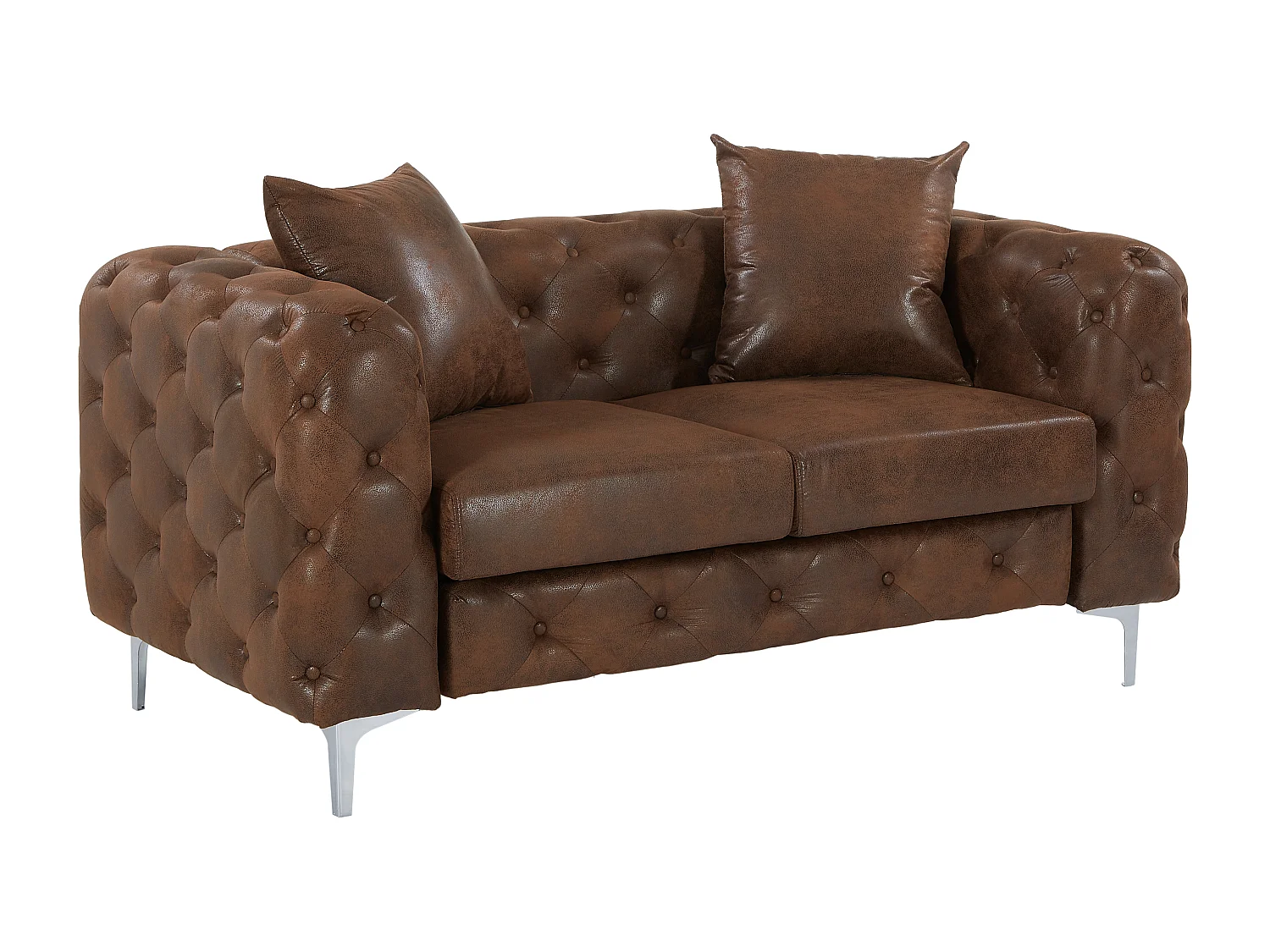 Canapé 2 places chesterfield en microfibre aspect cuir vieilli marron EDWINA