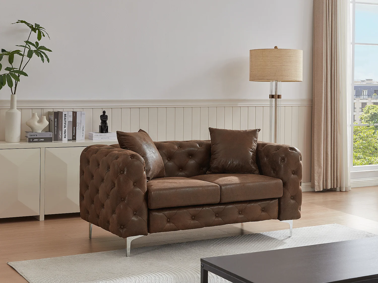 Canapé 2 places chesterfield en microfibre aspect cuir vieilli marron EDWINA