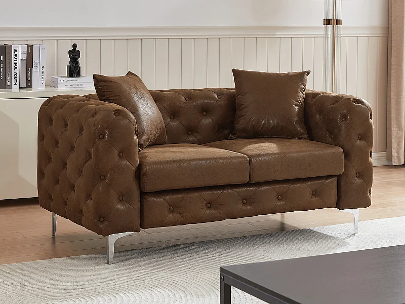 Canapé 2 places chesterfield en microfibre aspect cuir vieilli marron EDWINA