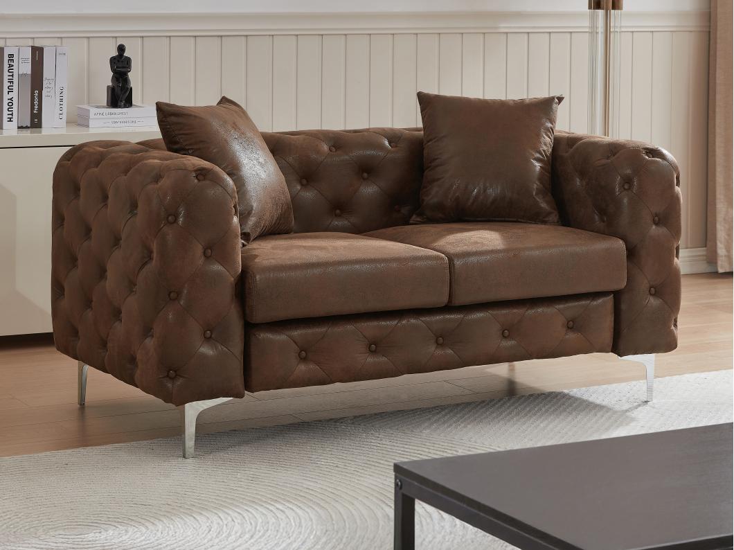 Sofá de 2 lugares chesterfield em microfibra aspeto couro envelhecido castanho - EDWINA