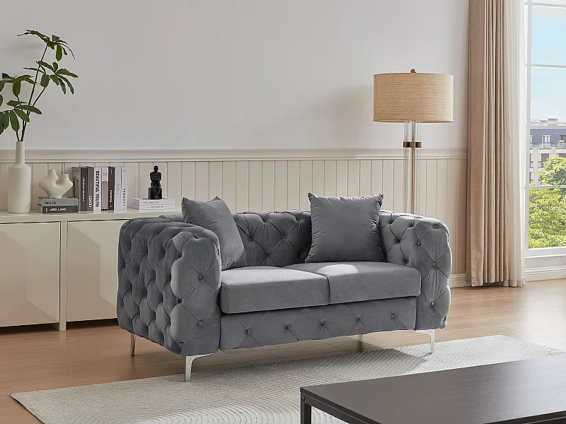 Canapé 2 Places Chesterfield Patchwork - Harris Tweed Et Cuir Marron - Justina Design