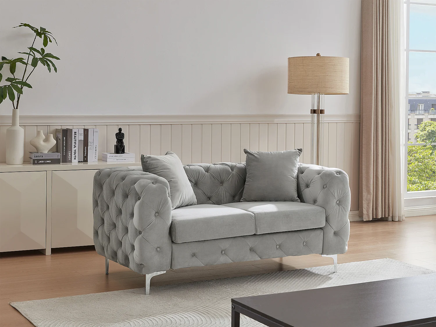 Chesterfield-Sofa 2-Sitzer - Samt - Hellgrau - EDWINA