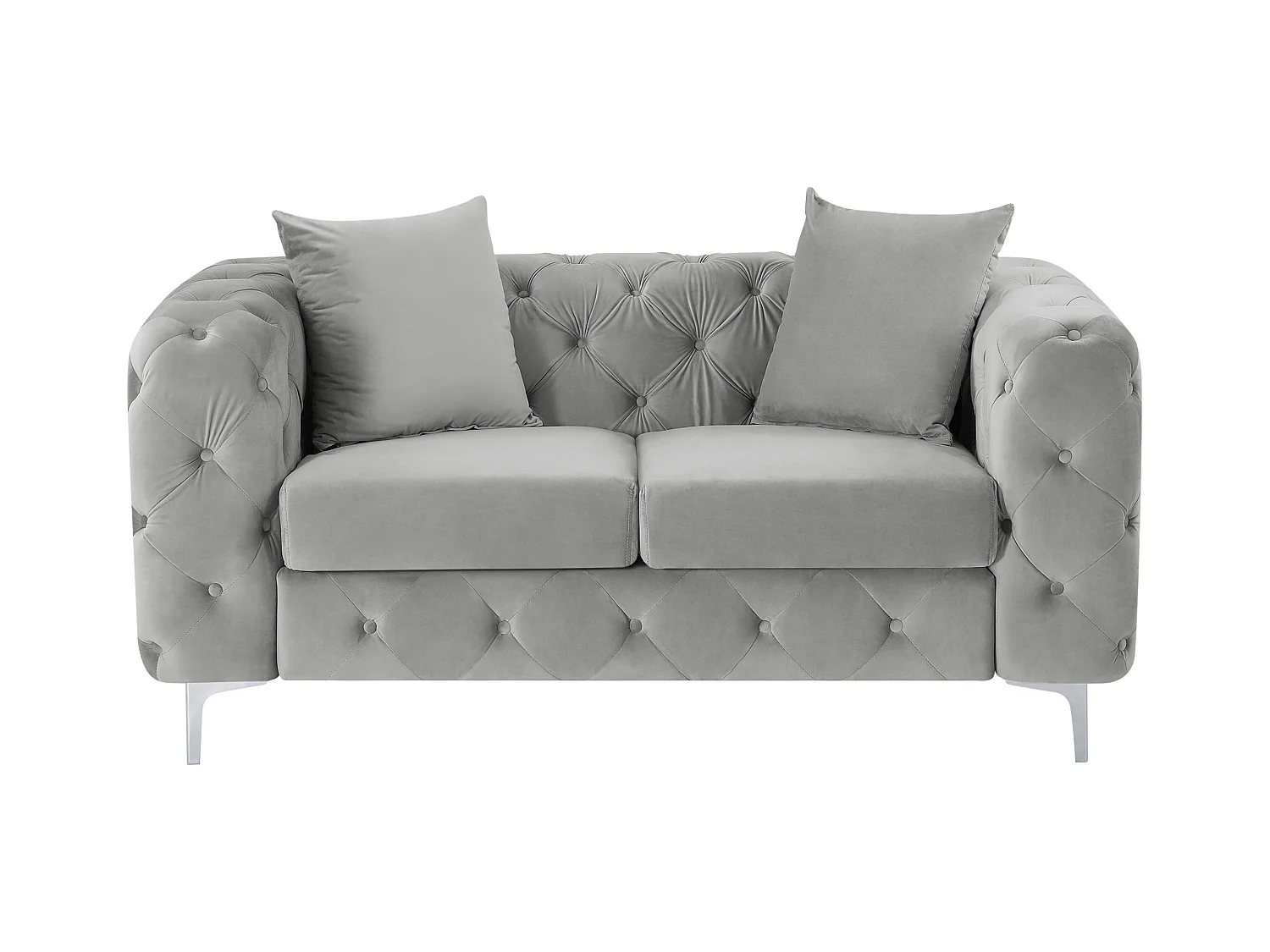 Canapé 2 places chesterfield en velours gris clair EDWINA