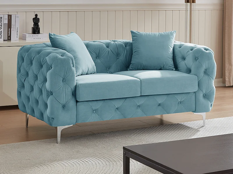 Chesterfield-Sofa 2-Sitzer - Samt - Pastellblau - EDWINA