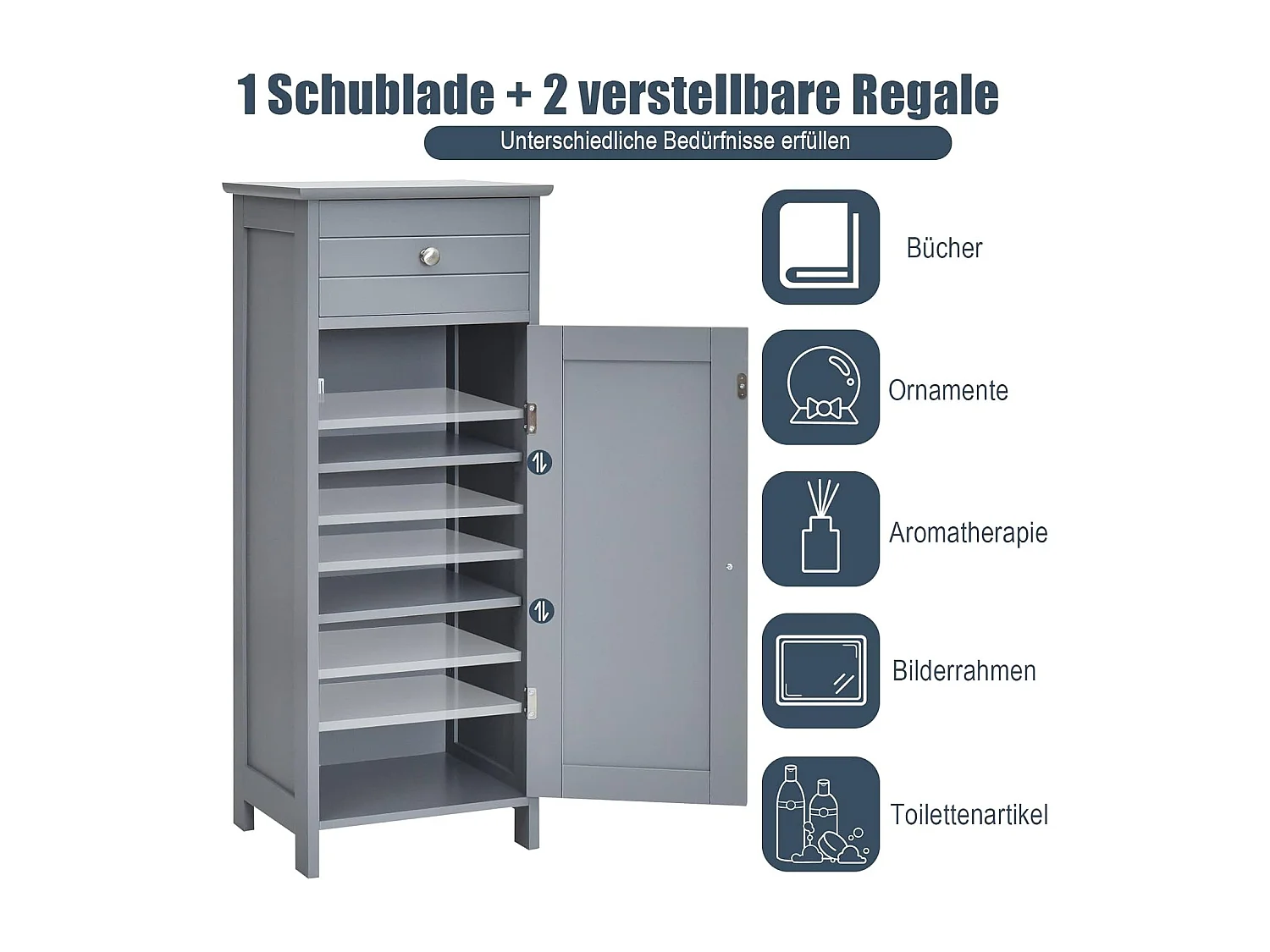 Badezimmerschrank Badschrank mit 1 großen Schublade & 2 verstellbaren Regale Grau