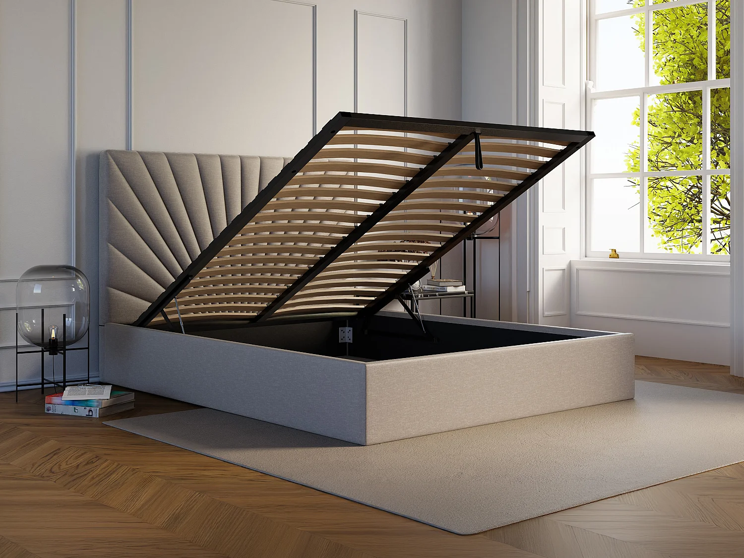 Bed met opbergruimte 160 x 200 cm - Stof - Beige + matras - RILIODA van Pascal Morabito