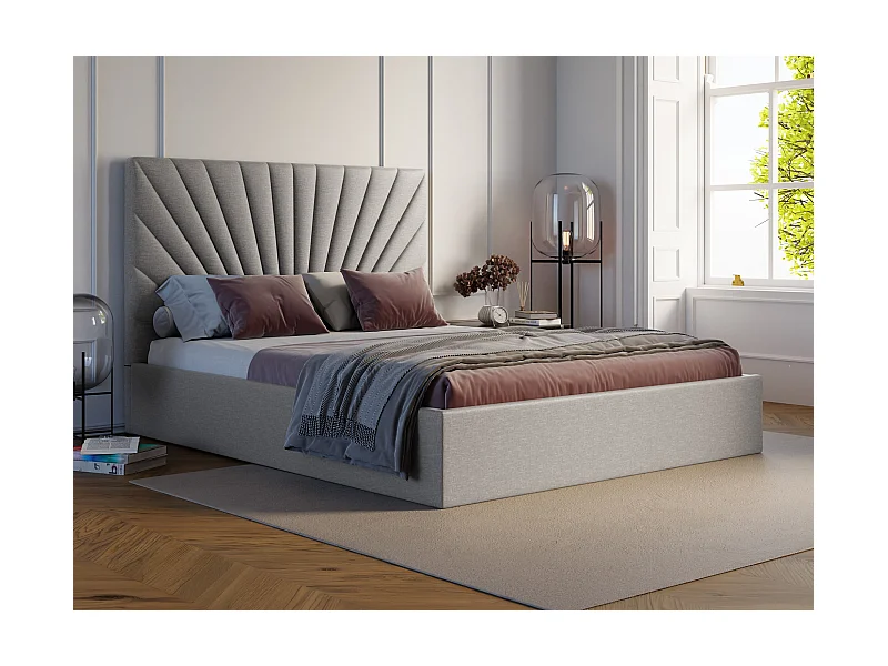 Polsterbett mit Bettkasten - 140 x 190 cm - Stoff - Hellgrau + Matratze - RILIODA von Pascal Morabito
