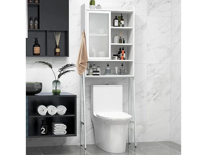 Toilettenschrank mit Schiebetür aus Acryl & Verstellbaren Regalen 63 x 29 x 170 cm Weiß