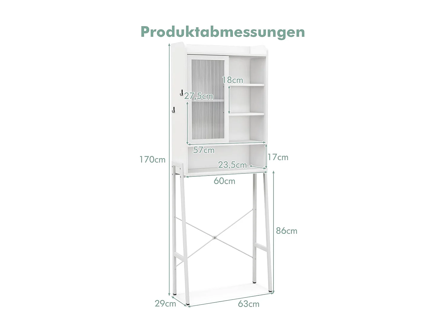 Mobiletto sopra il water con anta scorrevole in acrilico e struttura metallica, Mobile per bagno lavanderia Bianco
