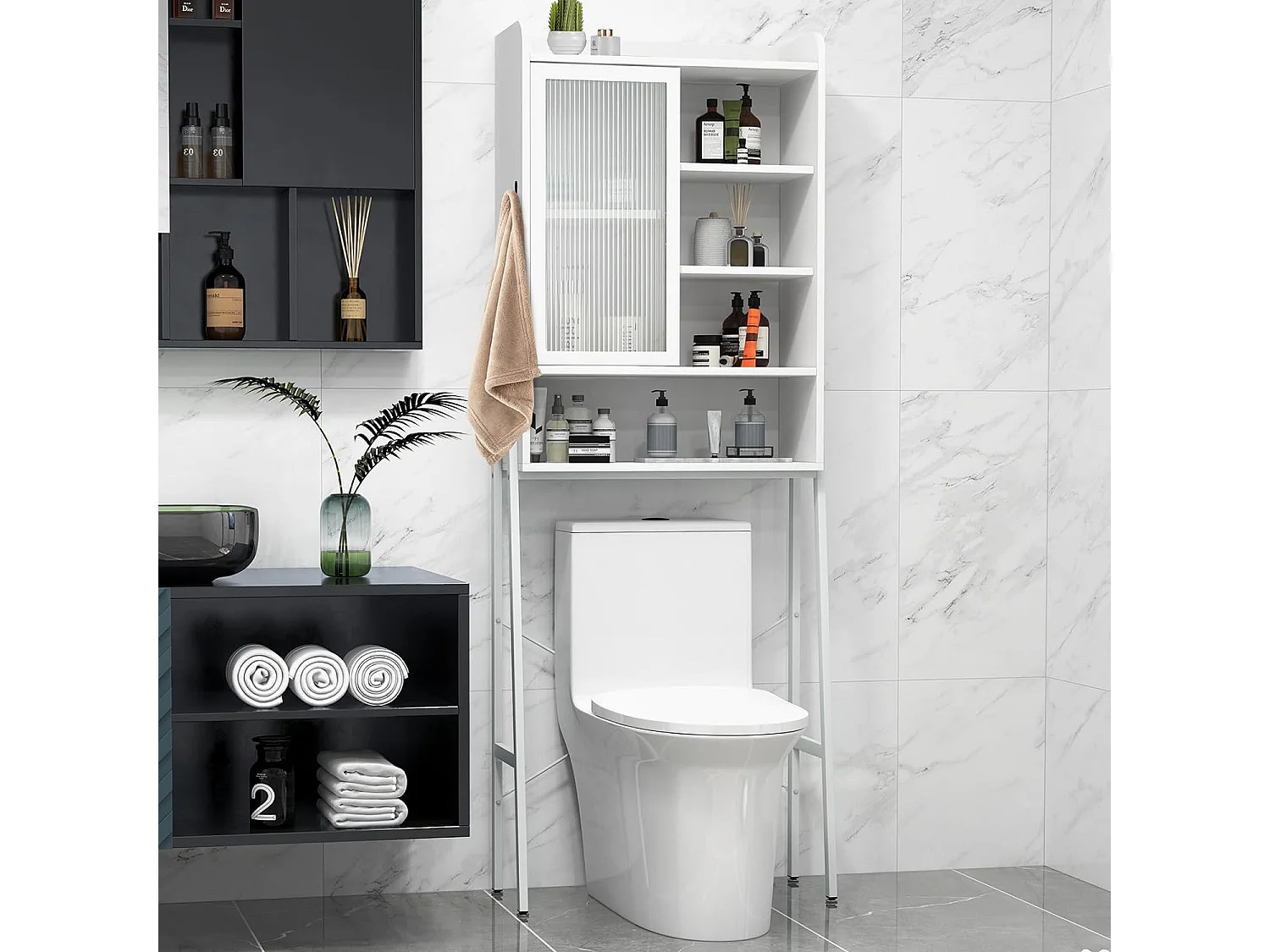 Toilettenschrank mit Schiebetür aus Acryl & Verstellbaren Regalen 63 x 29 x 170 cm Weiß