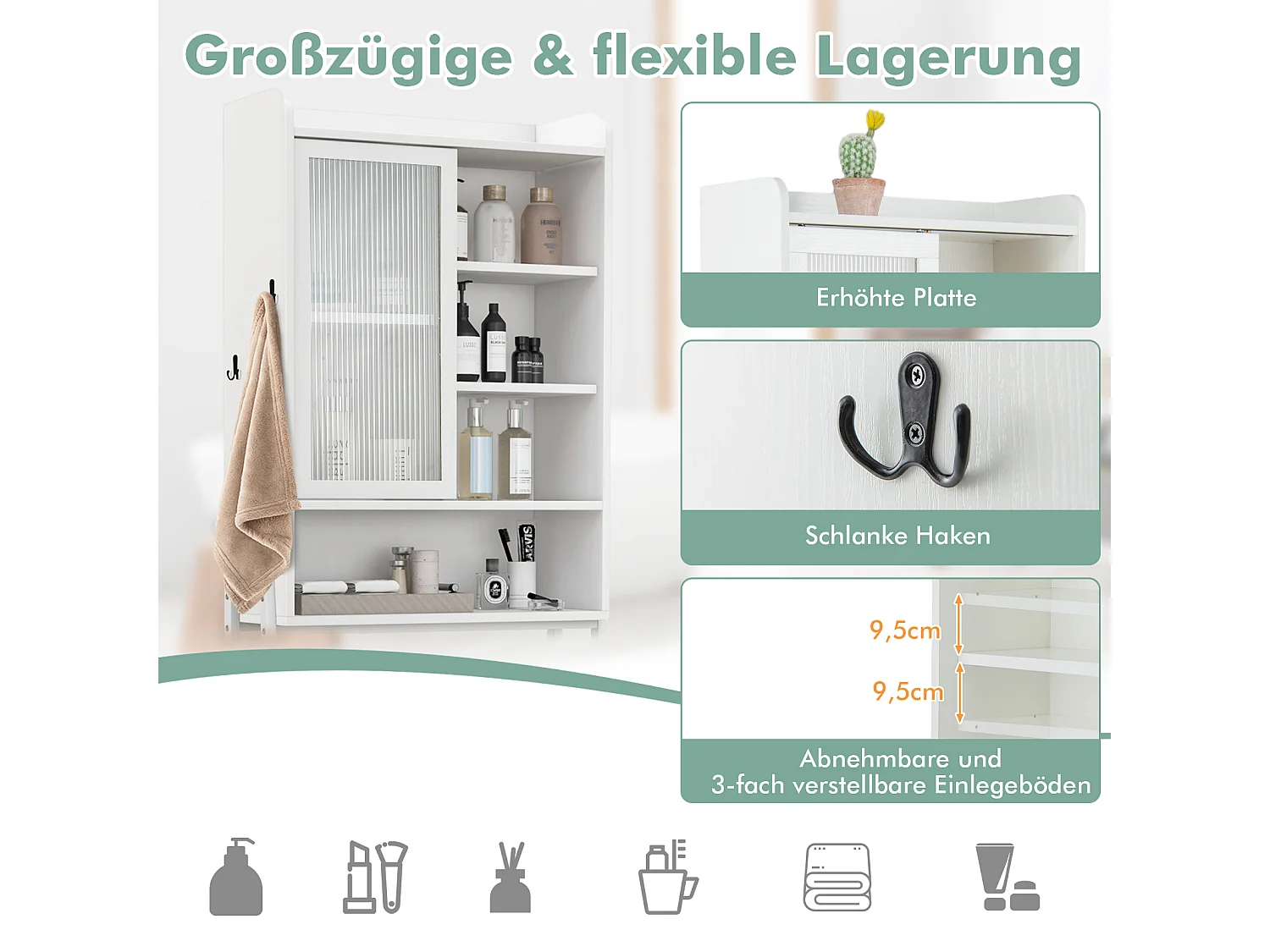 Toilettenschrank mit Schiebetür aus Acryl & Verstellbaren Regalen 63 x 29 x 170 cm Weiß