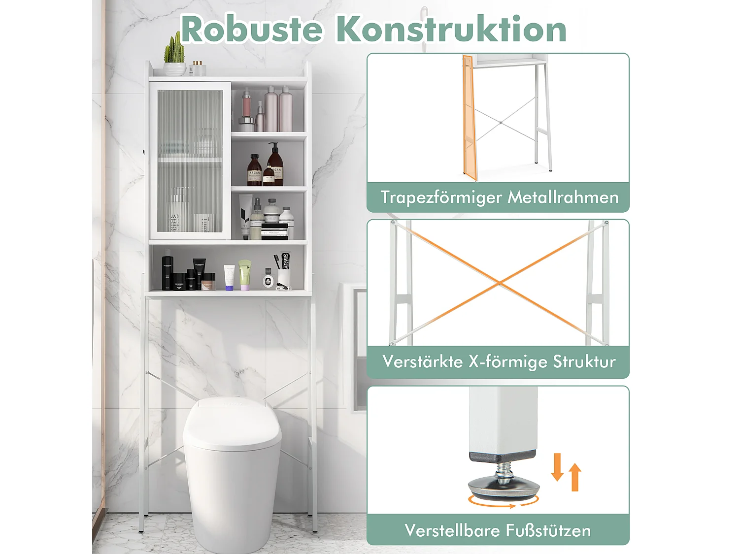 Toilettenschrank mit Schiebetür aus Acryl & Verstellbaren Regalen 63 x 29 x 170 cm Weiß