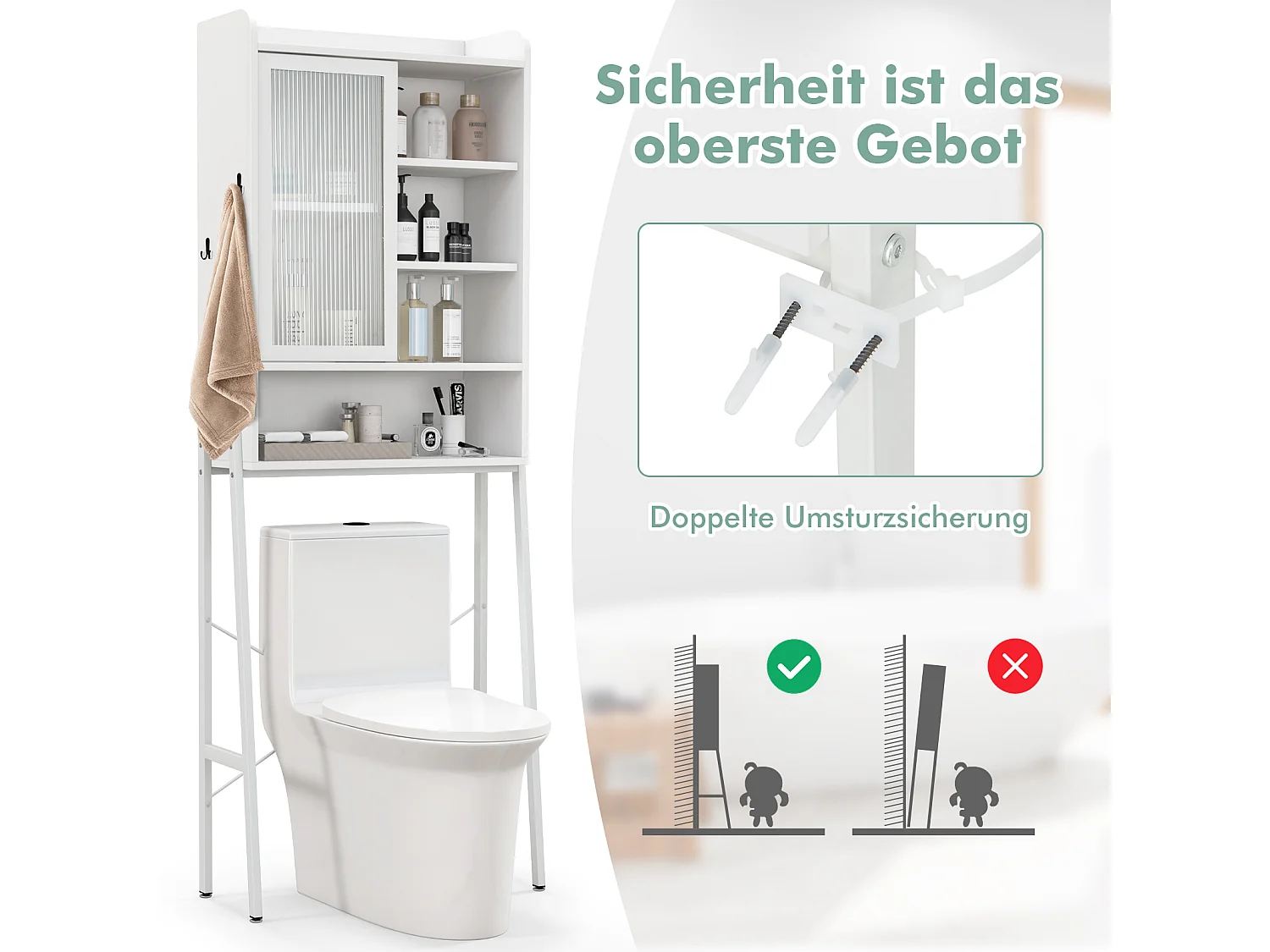 Toilettenschrank mit Schiebetür aus Acryl & Verstellbaren Regalen 63 x 29 x 170 cm Weiß