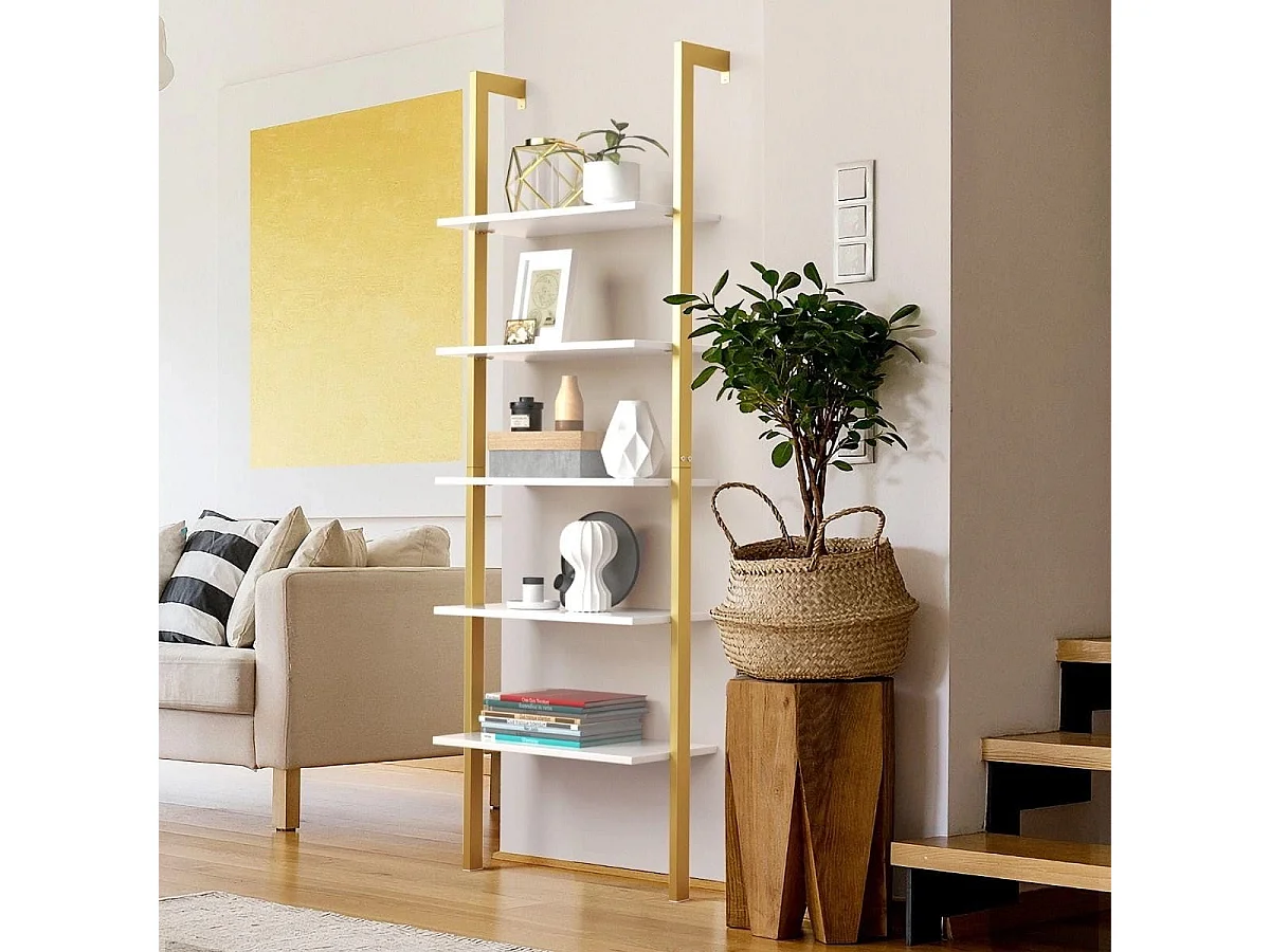 Leiterregal mit 5 Ebenen & Metallrahmen Standregal Bücherregal 61 x 30 x 183 cm Golden