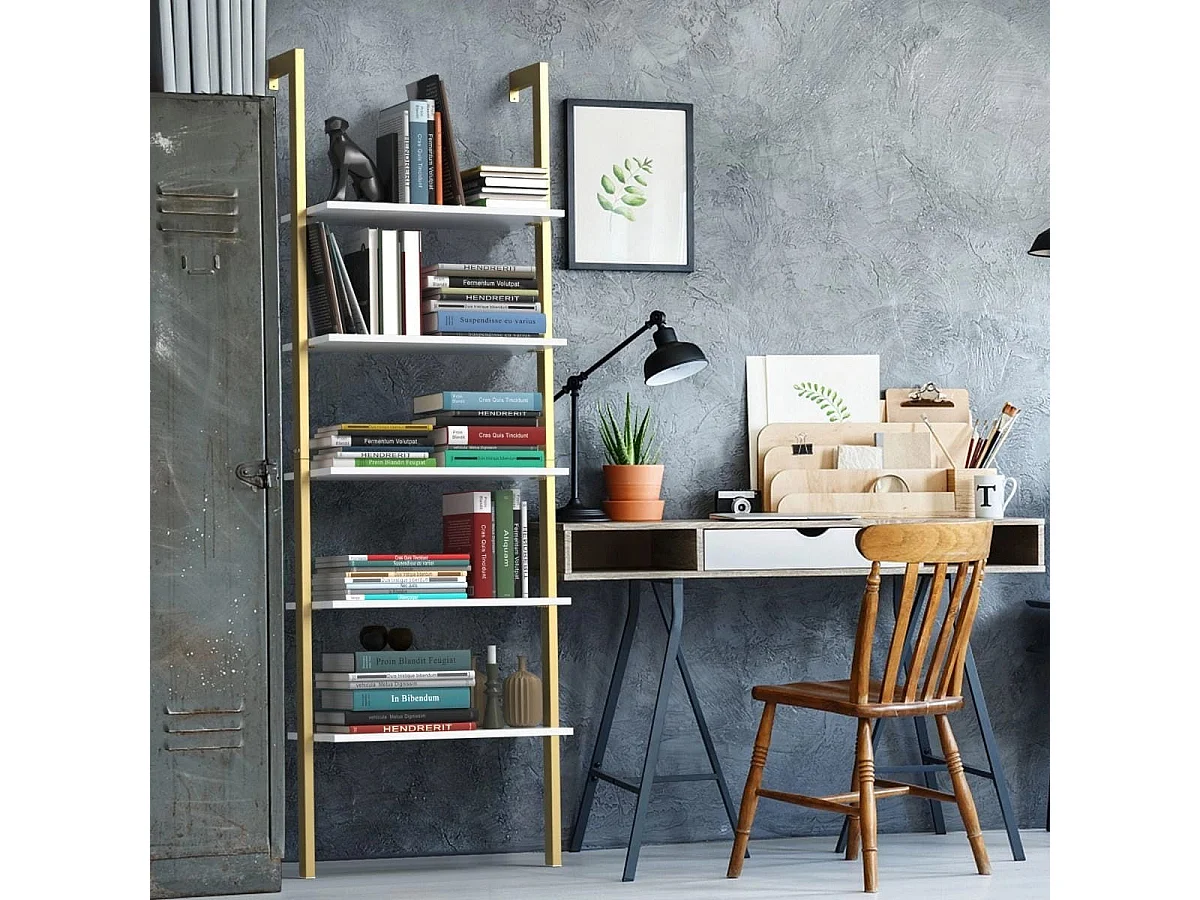 Leiterregal mit 5 Ebenen & Metallrahmen Standregal Bücherregal 61 x 30 x 183 cm Golden