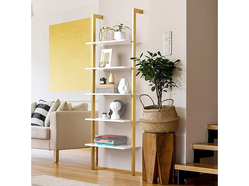 Leiterregal mit 5 Ebenen & Metallrahmen Standregal Bücherregal 61 x 30 x 183 cm Golden