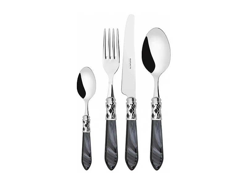 Couverts ALADDIN 24 pièces, bague chromée, manche noir, boîte Gallery