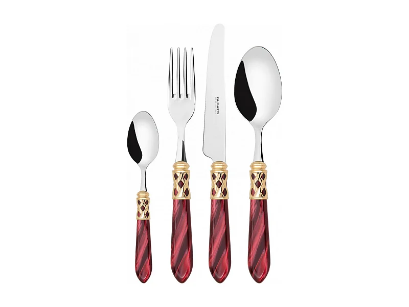 Couverts ALADDIN 24 pièces, bague dorée, manche bordeaux, boîte Gallery