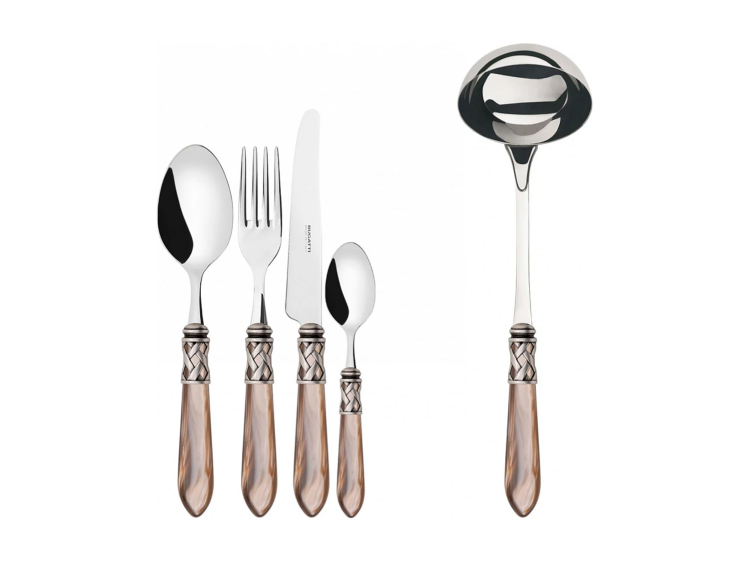 Couverts ALADDIN 49 pièces, bague argent antique, manche onyx, boîte Gallery