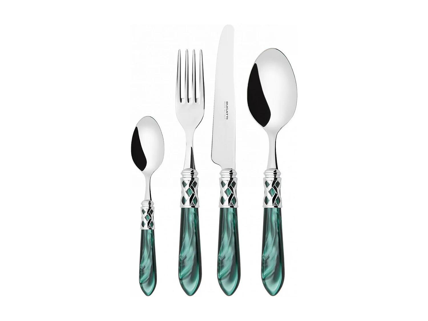 Couverts ALADDIN 24 pièces, bague chromée, manche vert, boîte Gallery