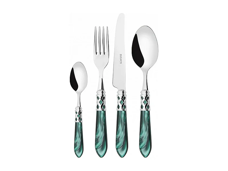 Couverts ALADDIN 24 pièces, bague chromée, manche vert, boîte Gallery