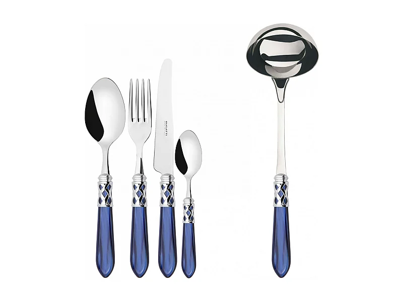 Couverts ALADDIN 49 pièces, bague chromée, manche bleu, boîte Gallery