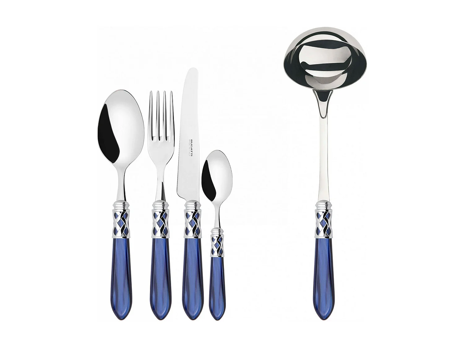 Couverts ALADDIN 49 pièces, bague chromée, manche bleu, boîte Gallery